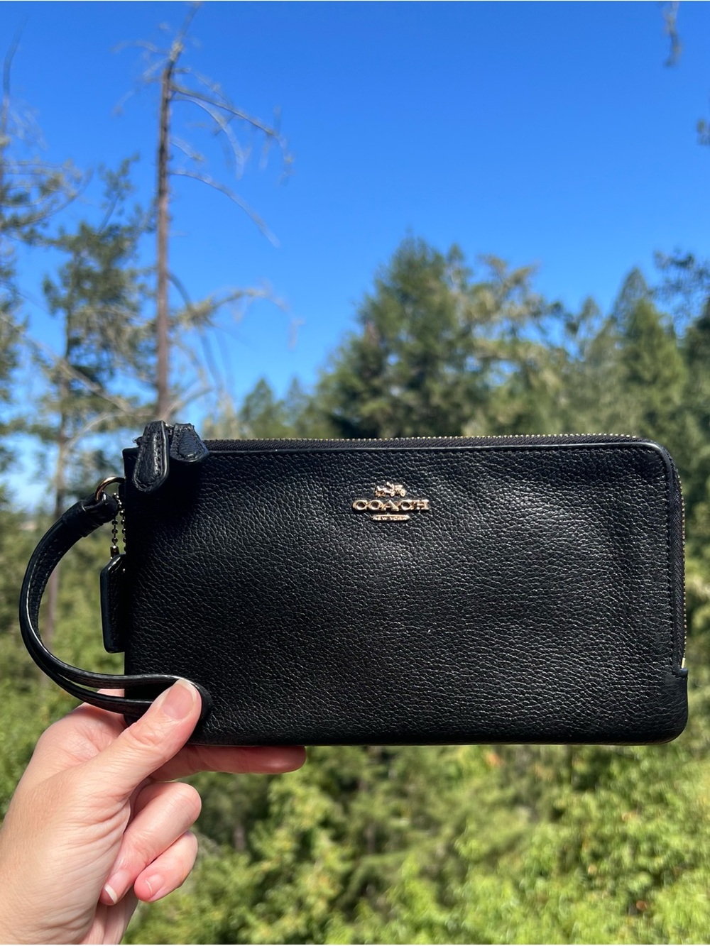 COACH Double Zip Wristlet Phone Wallet Black w Gold Hardware AUTHENTIC